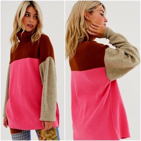𝅺Free People Pink & Brown Oversized Colorblock Turtleneck Sweater / Pullover - Picture 11 of 13